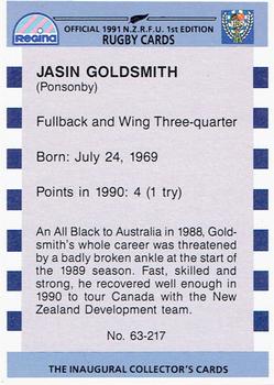 1991 Regina NZRFU 1st Edition #63 Jasin Goldsmith Back